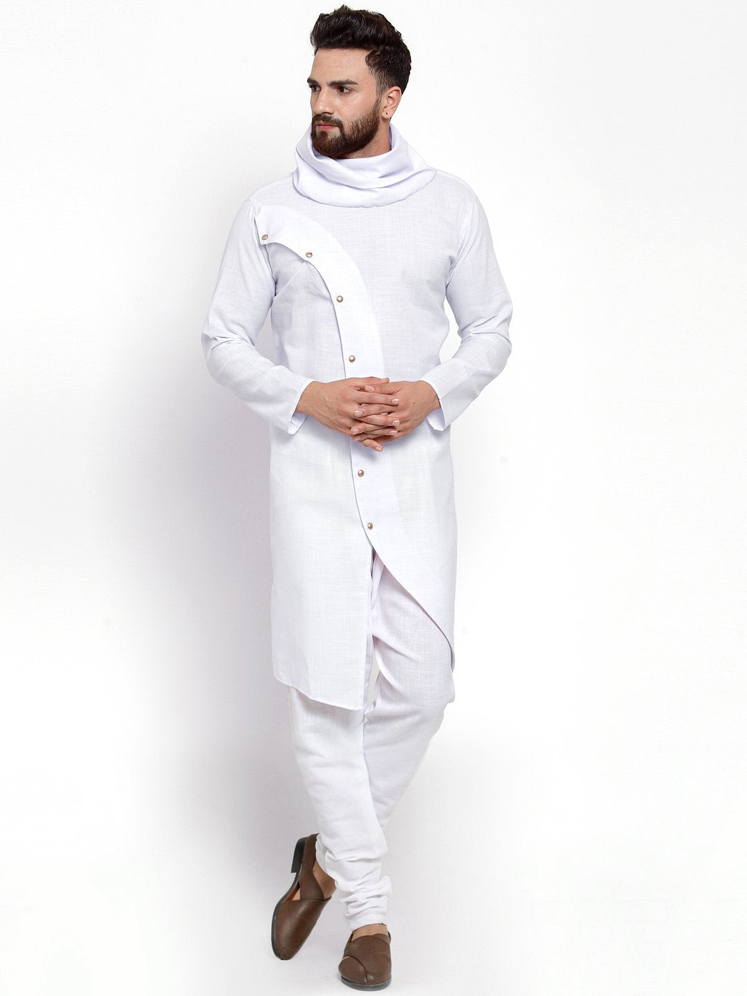 White Kurta With Churidar Pajama Set in Linen For Men by Luxury at Less