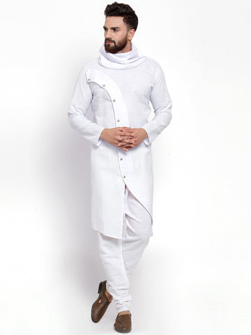 White Kurta With Churidar Pajama Set in Linen For Men by Luxury at Less