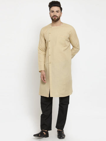 Beige Kurta With Black Aligarh Pajama Set  in Linen for men by Luxury at Less