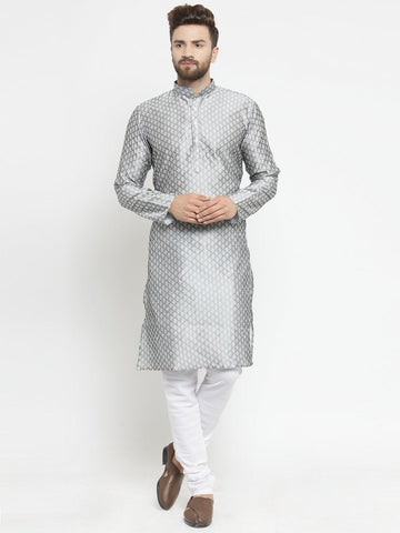 Embellished Brocade Kurta in Grey with Churidar by Luxury at Less