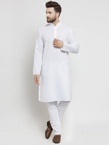 Plain Lenin Kurta With Aligarh Pajama Set In White