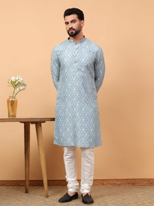 Traditional  Ethnic Wear  Printed  Art Silk Full Sleeve Straight  Regular Fit  Blue Kurta Pyjama Set  For Men