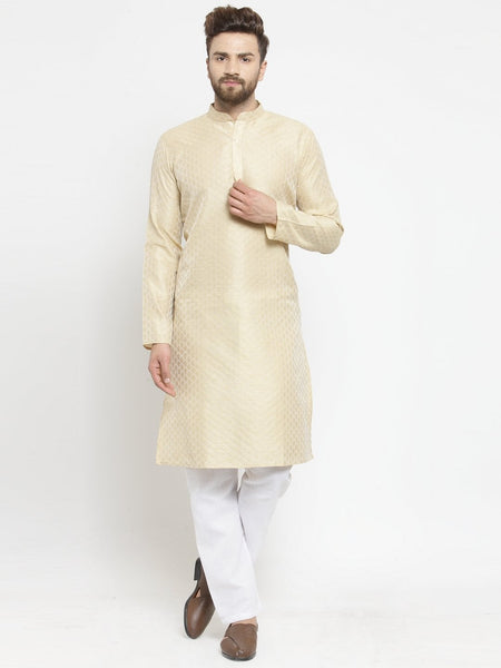 Embellished Brocade Kurta in Beige with Aligarh by Luxury at Less