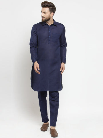 Designer Navy Blue Pathani Lenin Kurta with Pants for a Royal look by Luxury at Less