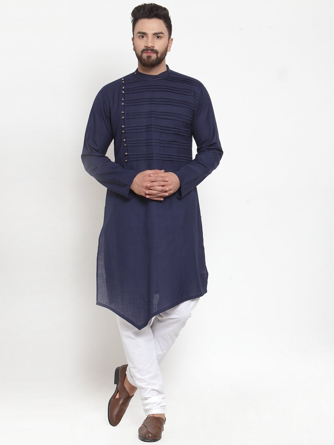 Designer Navy blue Kurta With Churidar Pajama Set in Linen for men by Luxury at Less