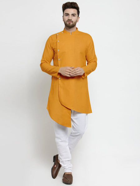 Designer Mustard Yellow Linen Kurta With White Churidar Pajama For Men By Luxury at Less