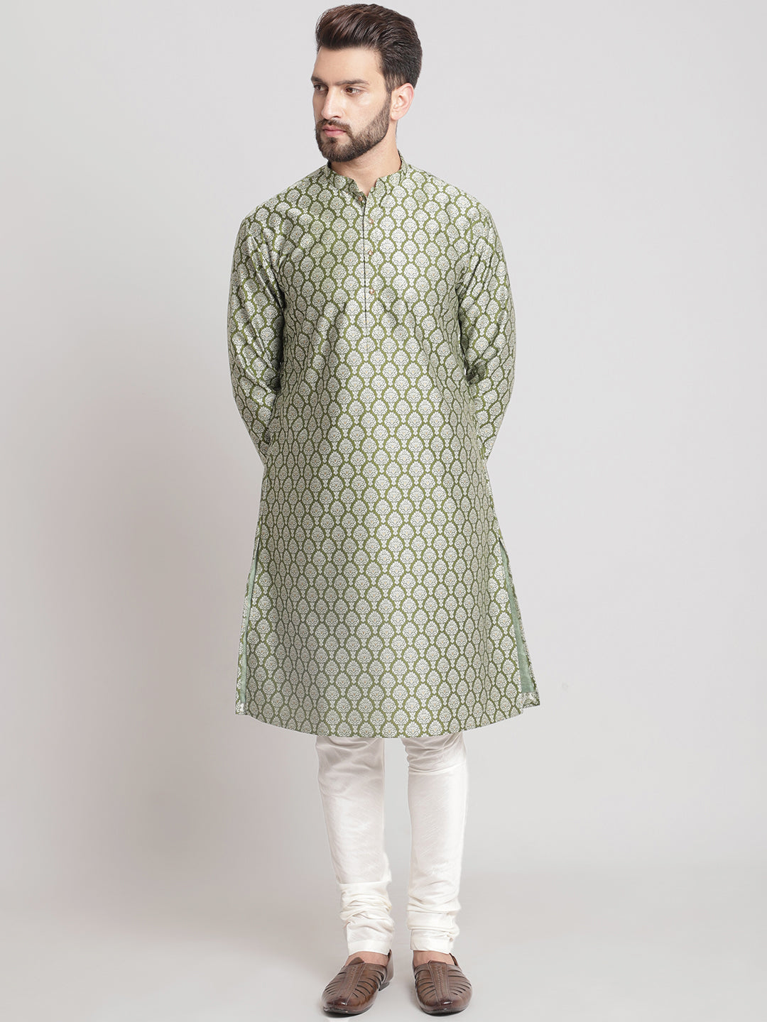 Designer Golden Green Brocade Silk Kurta With Churidar Pajama By Luxury at Less