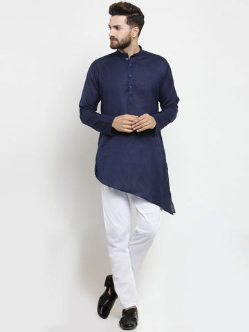 Designer Blue Linen Kurta With Aligarh Pajama For Men By Luxury at Less