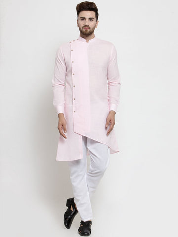 Designer Pink Linen Kurta With Aligarh Pajama For Men By Luxury at Less