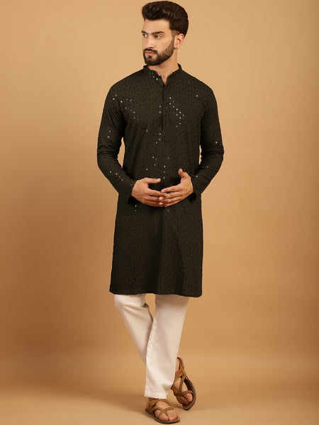 Embellished Sequinned Chikankari Embroidered Dark Mehndi Green Kurta Pajama Set by Luxury at Less