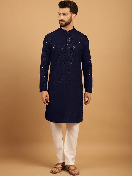 Embellished Sequinned Chikankari Embroidered Navy Blue Kurta Pajama Set by Luxury at Less