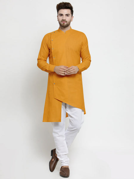 Designer Mustard Yellow Linen Kurta With White Churidar Pajama For Men By Luxury at Less