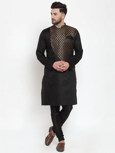 Designer Brocade Black Bnarsi Silk Kurta Pajama Set