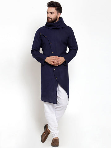 Navy Blue Kurta With Churidar Pajama Set For Men by Luxury at Less