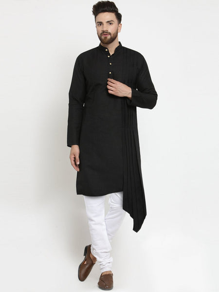 Black Kurta With Churidar Pajama Set in Linen For Men by Luxury at Less