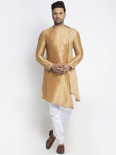 Embellished Brocade Golden Kurta With Churidar Pajama Set For Men By Luxury at Less