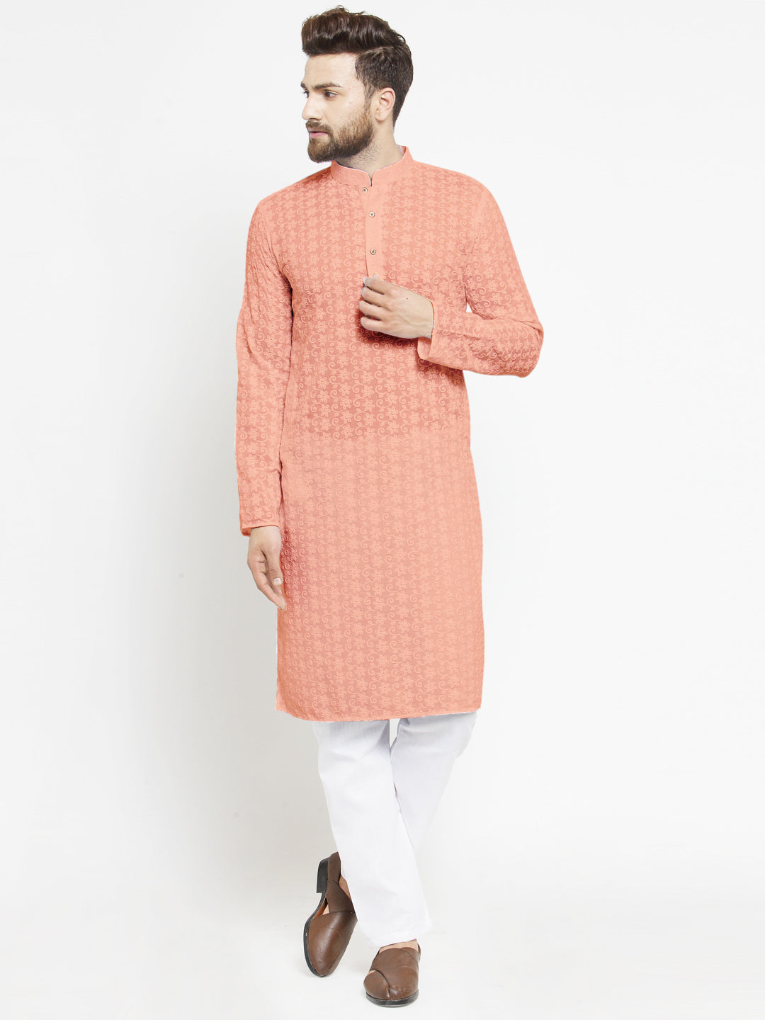 Salmon Pink Chikankari Lucknowi Jaal Embroidered Kurta with Aligarh Pajama by Luxury at Less