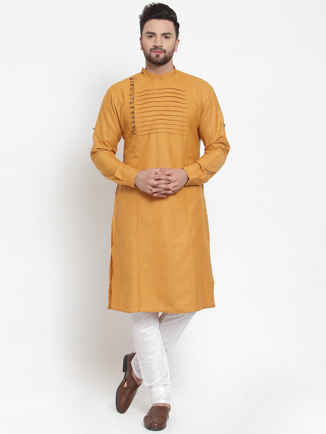 Designer Mustard Yellow Kurta Pajama Churidar Set For Men By Luxury at Less