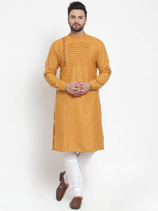 Designer Mustard Yellow Kurta Pajama Churidar Set For Men By Luxury at Less