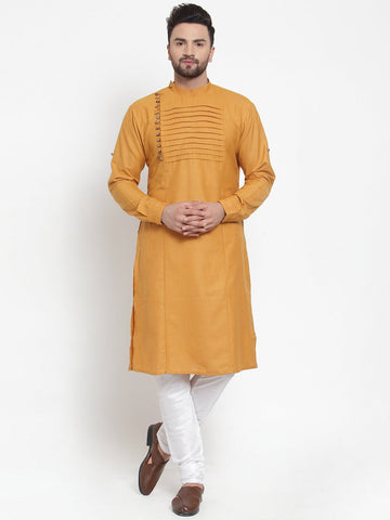 Designer Mustard Yellow Kurta Pajama Churidar Set For Men By Luxury at Less