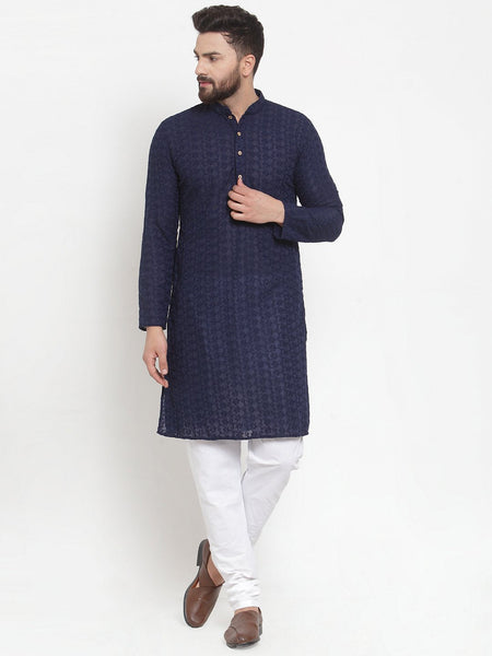 Navy Blue Cotton Chikankari Lucknowi Jaal Embroidered Kurta with Churidar Pajama For Men Luxury at Less