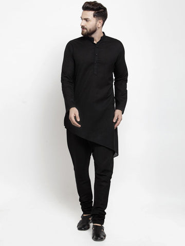 Designer Black Linen Kurta With Churidar Pajama For Men By Luxury at Less