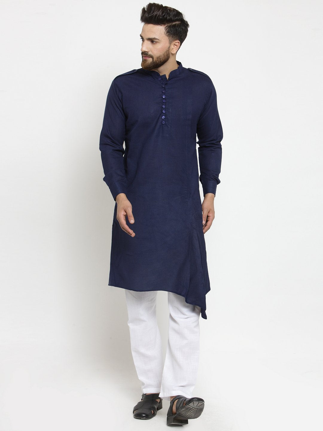 Navy Blue Kurta With Aligarh Pajama Set in Linen For Men by Luxury at Less