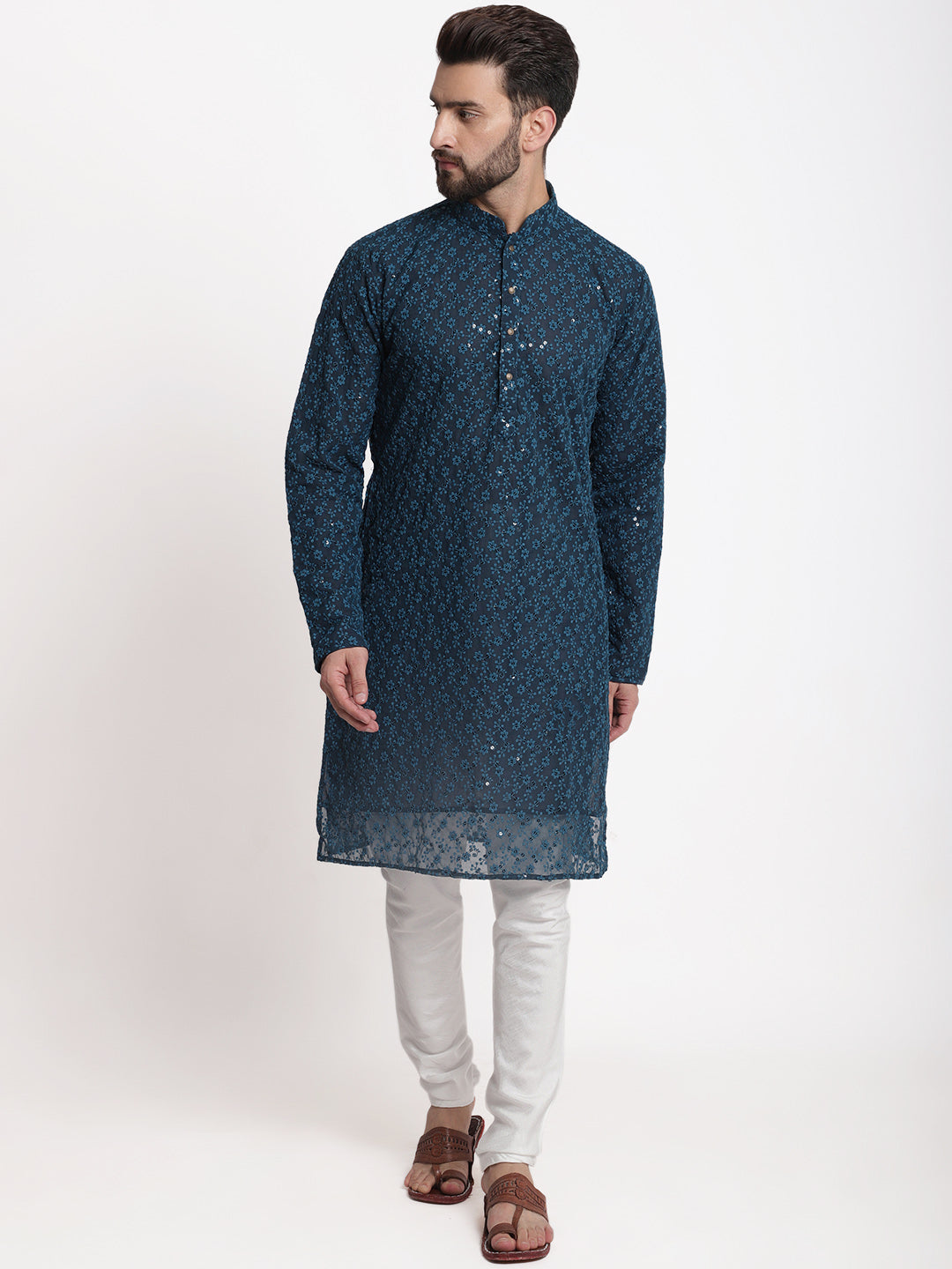 Blue Chikankari Floral Embroidery Kurta With Churidar Pajama by Luxury at Less