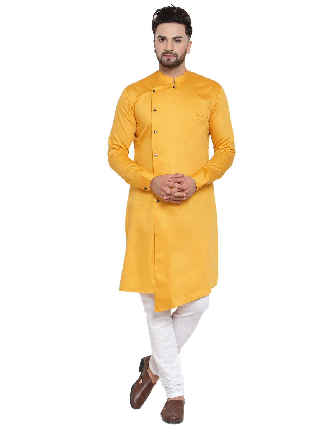 Designer Mustard Yellow Kurta With Churidar Pajama Set For Men By Luxury at Less