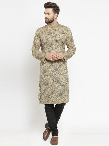 Printed Cotton Kurta in Light Beige and Black with Churidar Pajama By Luxury at Less