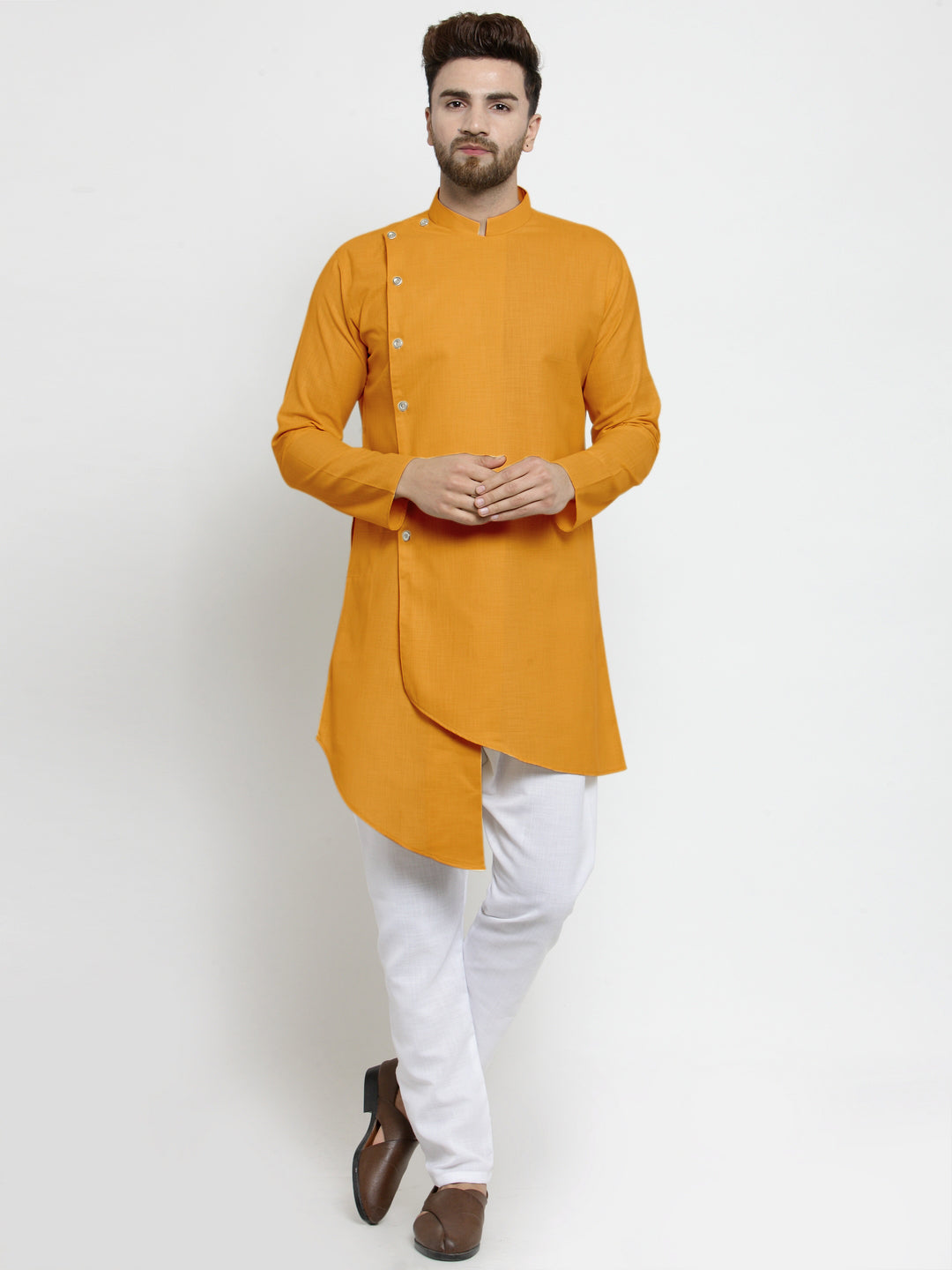 Designer Mustard Yellow Linen Kurta With White Aligarh Pajama For Men By Luxury at Less