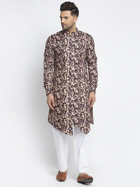 Designer Cotton Brown Block Printed Kurta With Aligarh Pajama Set For Men By Luxury at Less