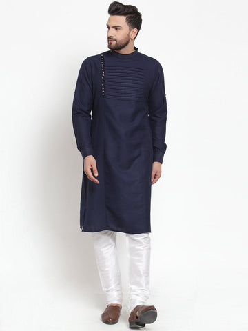 Designer Navy Blue Kurta With Churidar Pajama in Linen for Men by Luxury at Less