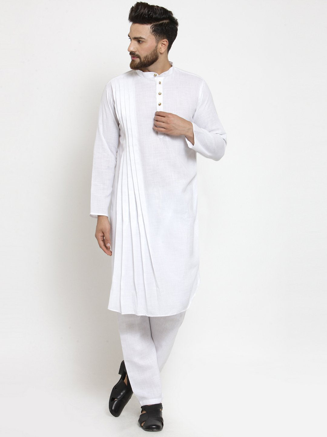 Designer White Linen Kurta With Aligarh Pajama For Men By Luxury at Less