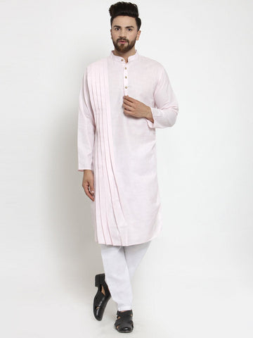 Designer Pink Linen Kurta With Aligarh Pajama For Men By Luxury at Less