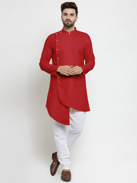 Designer Red Linen Kurta With White Churidar Pajama For Men By Luxury at Less