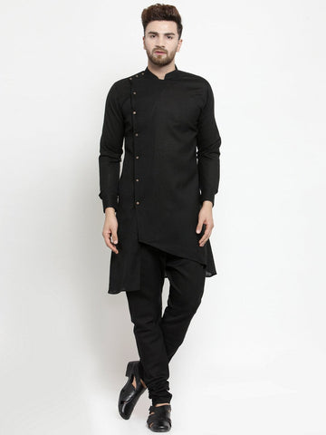 Designer Black Linen Kurta With Churidar Pajama For Men By Luxury at Less