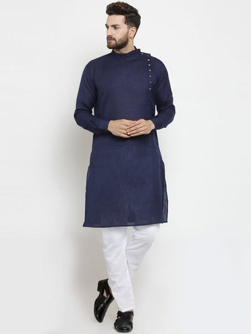 Designer Blue Linen Kurta With Aligarh Pajama For Men By Luxury at Less