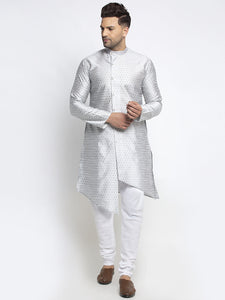 Embellished Brocade Light Grey Kurta With Churidar Pajama Set For Men By Luxury at Less