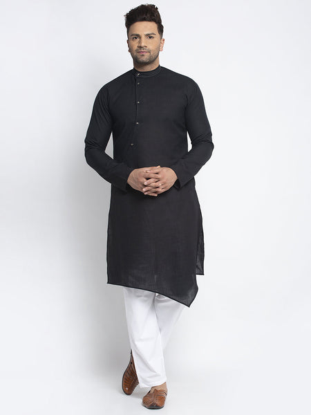 Designer Black Linen Kurta With White Aligarh Pajama Set For Men By Luxury at Less