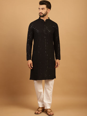 Embellished Sequinned Chikankari Embroidered Black Kurta Pajama Set by Luxury at Less