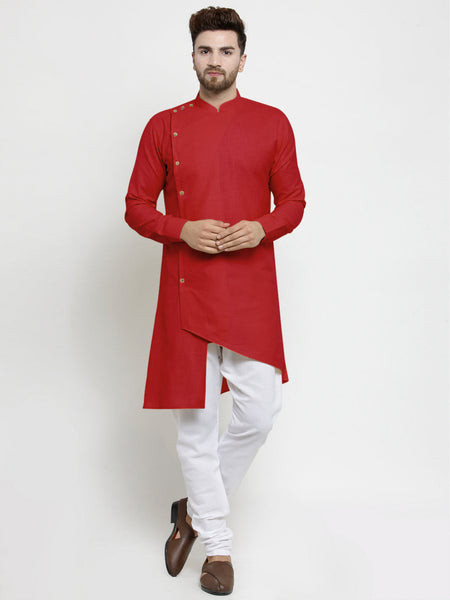 Designer Red Linen Kurta With White Churidar Pyjama For Men By Luxury at Less