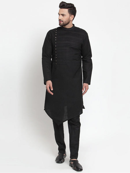 Designer Black Kurta With Aligarh Pajama Set in Linen For Men by Luxury at Less