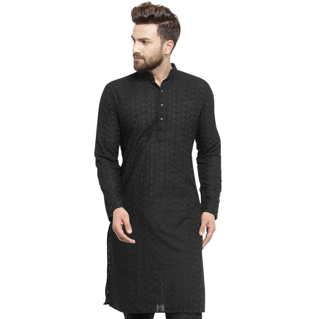 Black Cotton Chikankari Lucknowi Jaal Embroidered Kurta By Luxury at Less