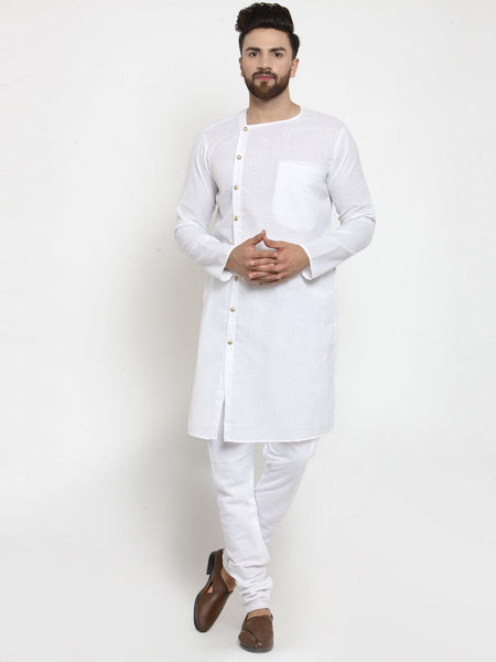 White Kurta With Churidar Pajama Set in Linen for men by Luxury at Less