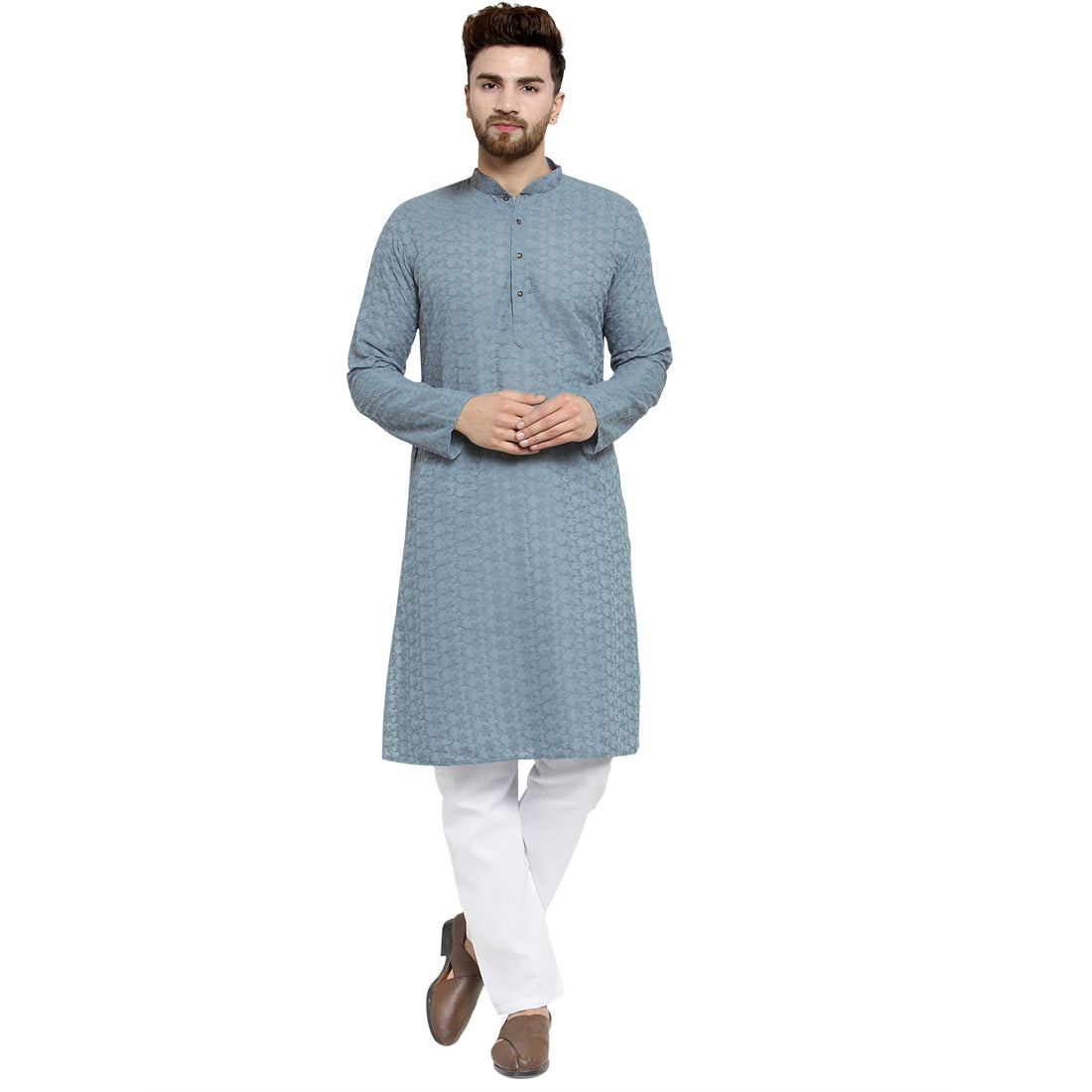 Light Grey Cotton Chikankari Lucknowi Jaal Embroidered Kurta with Aligarh Pajama For Men  by Luxury at Less