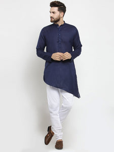 Designer Blue Linen Kurta With Churidar Pajama For Men By Luxury at Less