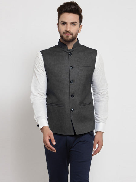 Men Grey Solid Nehru Jacket By Luxury at Less