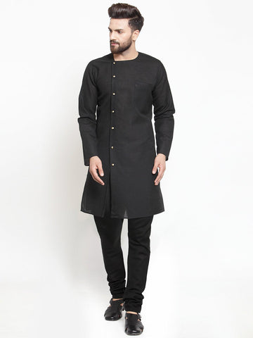 Black Kurta With Churidar Pajama Set in Linen For Men by Luxury at Less