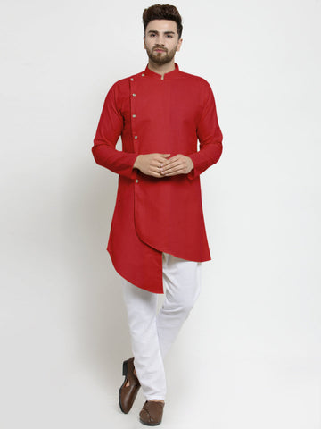 Designer Red Linen Kurta With White Aligarh Pajama For Men By Luxury at Less